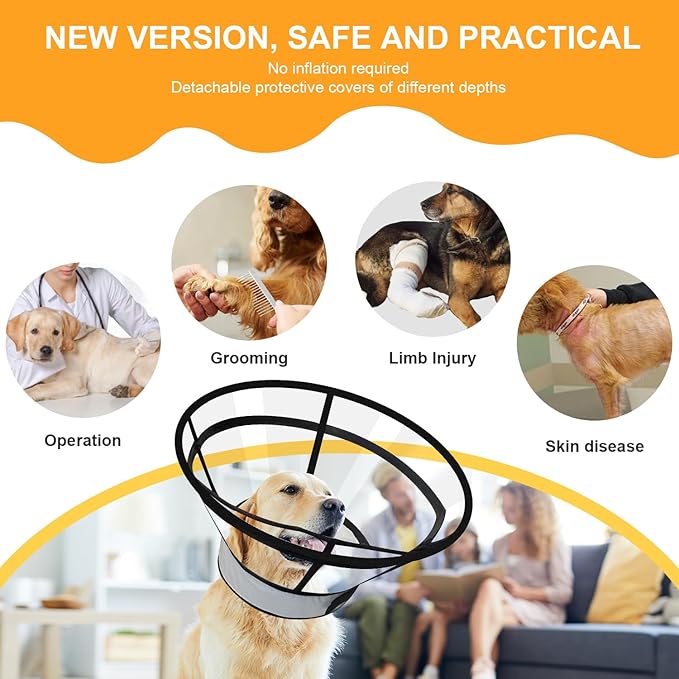 Sponge Core Dog Cat Cone Collar for After Surgery Recovery, Inflatable Dog Cone Alternative, Lainergie Dogs Donut Collar Adjustable with 2PCS Cover for Large Medium Small Dogs Cats (Grey+Yellow, XXL)