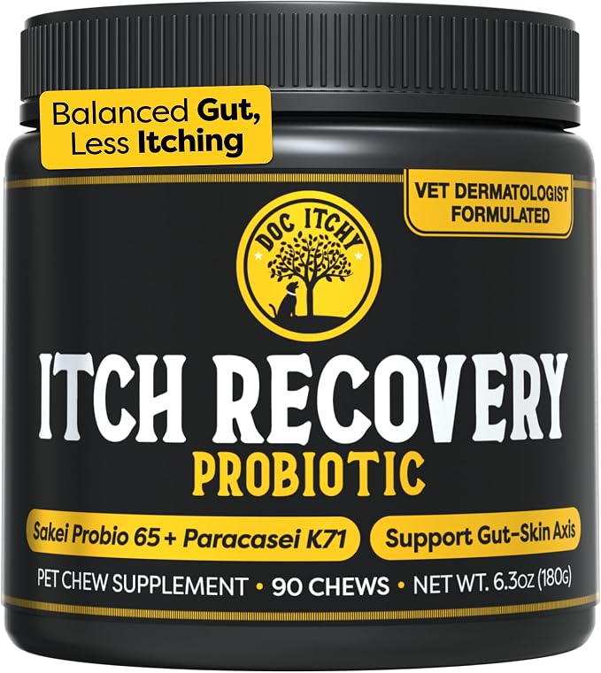 Doc Itchy: Itch Recovery Dog Probiotic Chews | L Sakei & L Paracasei | Targets Itchy Skin, Ears & Paws | Supports Yeast Balance & Gut Health | Clinical-Strength | 90 Count