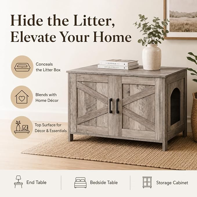 Homhedy Cat Litter Box Enclosure, Wooden Cat Washroom Furniture with Barn Door, Pet House, Fit Most of Litter Box, Greige
