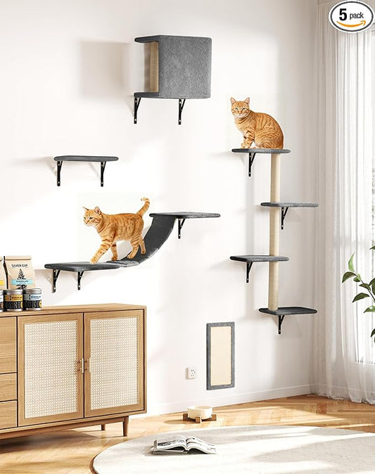 COZIWOW 5-Piece Cat Tree Set with Wall Mounted Cat Shelves, Cat Scratching Post & Cat Wall Furniture, Multi-Functional Indoor Cat Jungle Gym, Essential for Cat Room, Suitable for Large Cats(Grey)