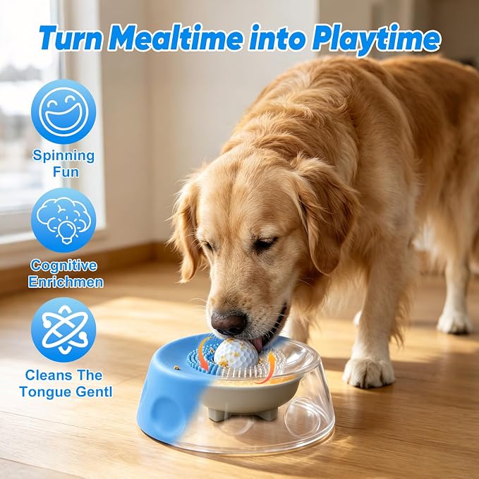 Dog Cat Lick Bowl with Rolling Ball, Slow Feeder Interactive Silicone Bowl with Suction Cup Base, Chew-Resistant for Wet Food & Treats, Easy Clean, 8.5oz/250ml, Blue