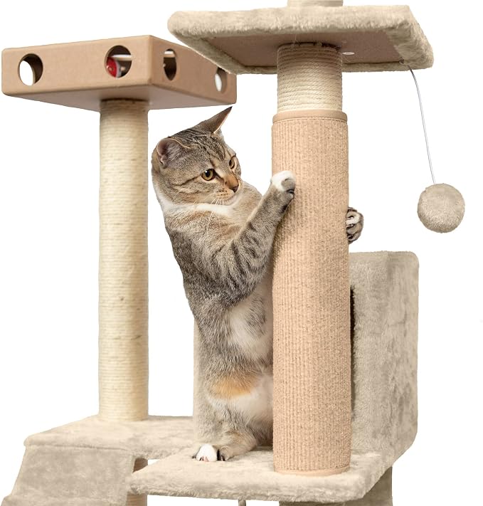 Furhaven Wrap Around Scratching Post Cover for Indoor Cats, Fits Posts Up to 3.5" Diameter, Durable & Less Mess - Tiger Tough Carpet Scratch Mat - Cream, Small