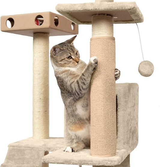 Furhaven Wrap Around Scratching Post Cover for Indoor Cats, Fits Posts Up to 3.5" Diameter, Durable & Less Mess - Tiger Tough Carpet Scratch Mat - Cream, Small