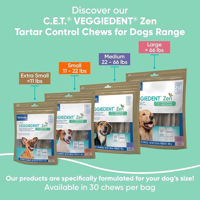 Virbac C.E.T.® VEGGIEDENT® Zen Tartar Control Chews for Dogs - Multifunctional to Support Mental Well-Being, VOHC Approved - Extra Small Under 11lbs