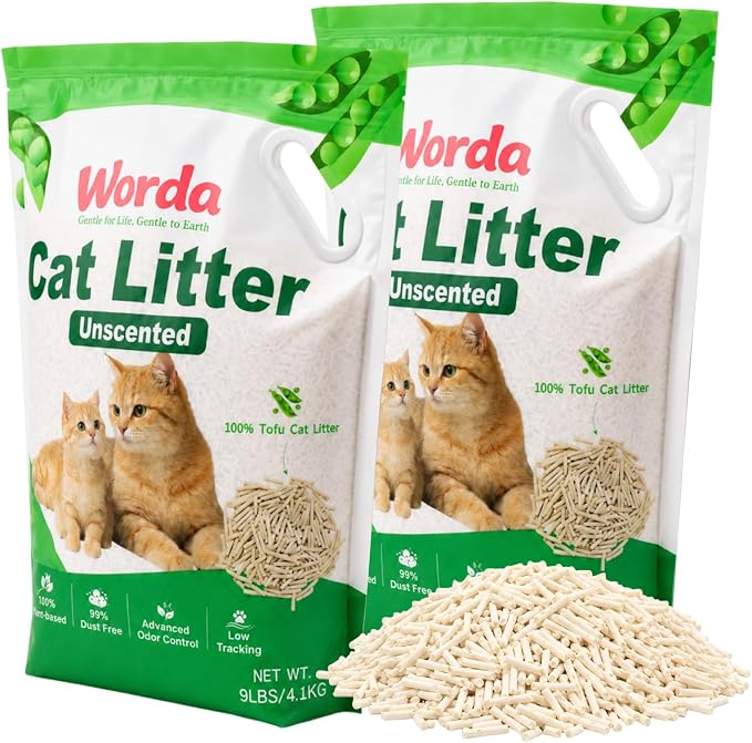 Worda Tofu 100% Natural Plant-Based Cat Litter Unscented, Dust-Free and Respiratory Friendly Low Tracking Fast Clumping for Multi-Cat Homes 9LB x 2 Bags