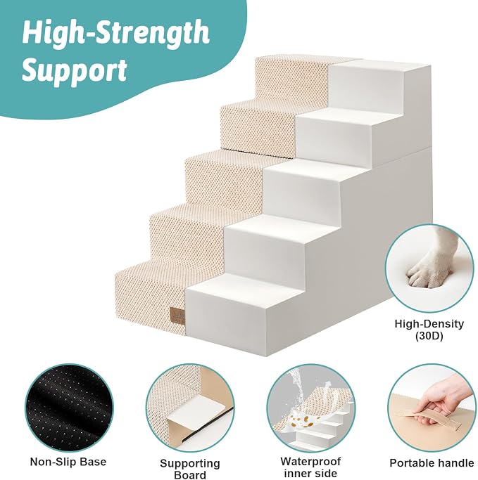 COZY KISS Dog Stairs for Small Dogs, 5 Tier Removable Wider Pet Stairs for Couch and Bed, 23.6" H Non-Slip Dog Steps for Puppies and Old Cats with Support Board, 19.7x29.5x23.6 inch, Beige