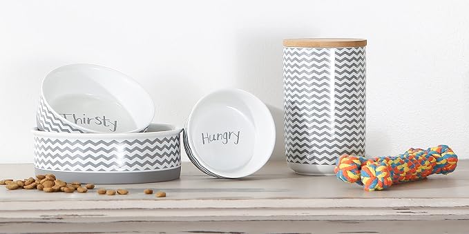Bone Dry Ceramic Pet Collection Chevron, Large Set, 7.5x2.4, Gray, 2 Piece
