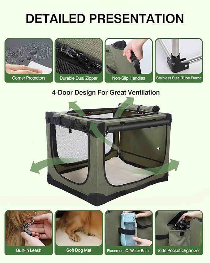 Veraste 30" L x 21" W x 21" H Collapsible Travel Dog Crate, Portable Soft Dog Kennel for Medium Dogs up to 45 lbs, 4-Door Foldable Travel Crate with Durable Mesh & Storage Bag, Green