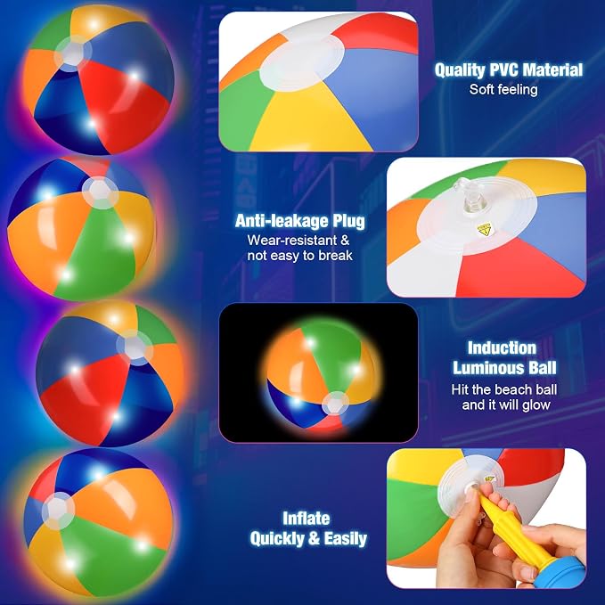 MiniInflat 12 Pcs Light up Beach Balls 16'' Jumbo Pool LED Balls Glow in the Dark Neon Giant Inflatable for Summer Hawaiian Tropical Theme Beach Party Decor Water Accessory (Rainbow)