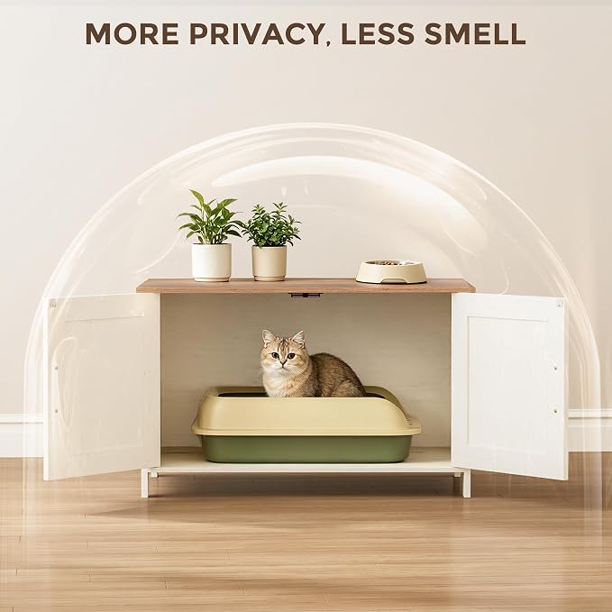 Homhedy Cat Litter Box Enclosure,Litter Box Furniture Hidden with Barn Door,Wooden Cat Washroom Furniture,Fit Most of Litter Box, Rustic White and Brown