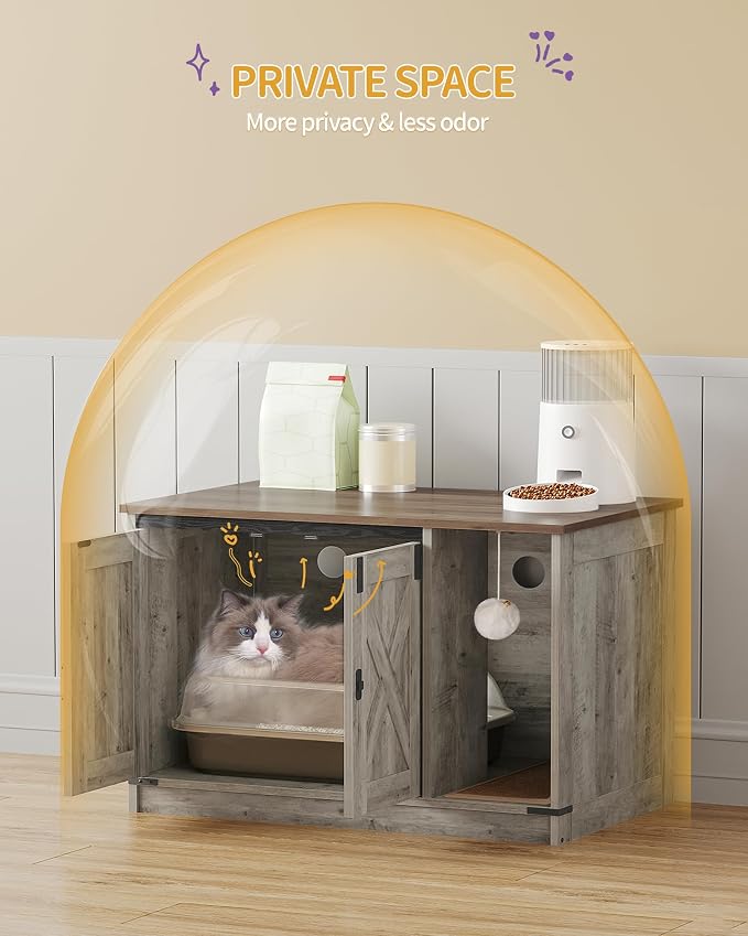 Hzuaneri Cat Litter Box Enclosure, Hidden Litter Box Cabinet Furniture with Bell, Indoor Cat House, Farmhouse Style, 31.5 x 19.7 x 20.9Inches, for Hallway, Bedroom, Light Ivory and Brown CB82405X