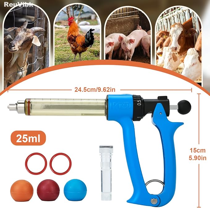25ml Semi-Auto Repeating Livestock Syringe Gun, 5 Dose Settings | Ergonomic Grip, Clear Barrel & Luer Lock, Vet Injector for Cattle, Horses, Goats, Sheep & Pigs