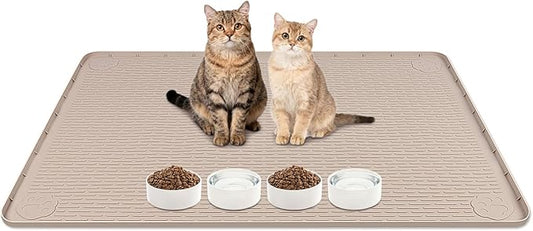 Cat Food Mat, 40" x 28" Large Silicone Mat Cat Feeding Mat with Raised Edge Non-Slip Pet Feeding Mat for Food and Water Bowl, Easy to Clean, Floor Protection (Khaki)