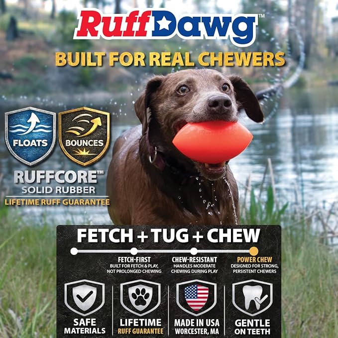 Ruff Dawg Indestructible Football Medium 4” Yellow – Heavy-Duty Solid Rubber Dog Fetch Toy for Dogs Up to 40 lbs – Floats & Crazy Bounce – Made in USA