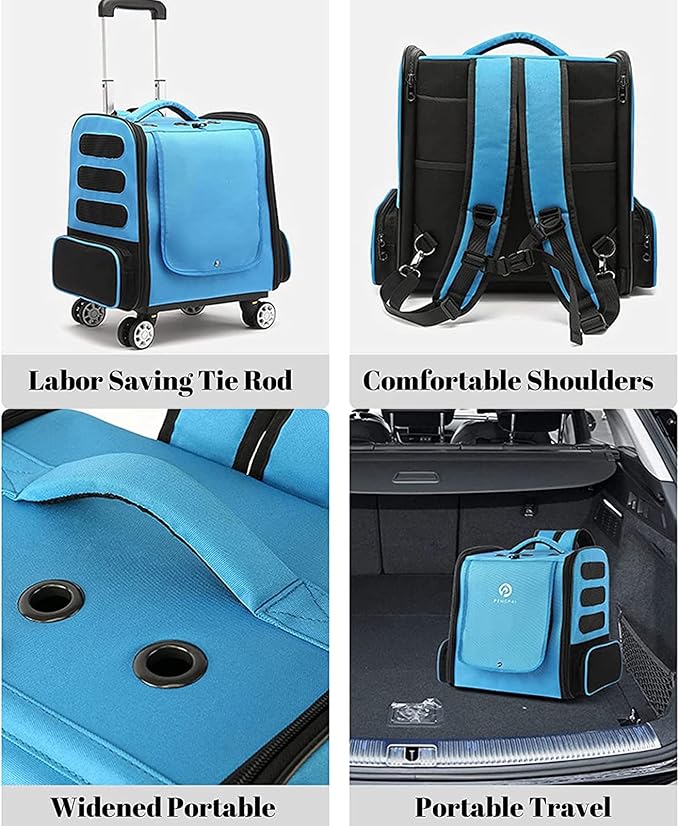 Pet Trolley Backpack,Cat Carrier with Wheels,Dog Rucksack Bag Pet Stroller,Multi-Function Rolling Carrier with Adjustable Height, Cats,Puppies Travel Bag Luggage Box with Telescopic Handle