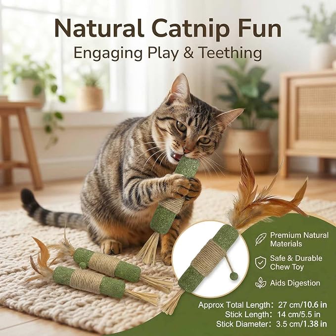 3 Pack Large Catnip Sticks with Feathers & Raffia, Interactive Cat Toys for Teeth Cleaning, Fresh Breath,Edible Cat Chew Sticks