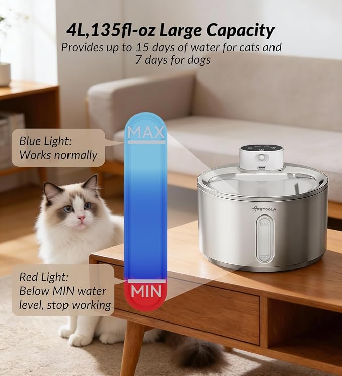 Cat Water Fountain Stainless Steel,135fl-oz/4L Wireless Cat Fountain Battery Operated Pet Fountain with 5 Filters for Dogs Cats Indoor