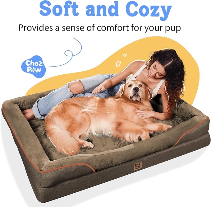 Chez Paw Large Orthopedic Dog Bed for Extra Large Dogs, Waterproof XL Egg-Crate Foam Dog Bed with Removable Washable Cover & Non-Slip Bottom, 4-Sided Bolster Support, Coffee 42"x30"x7.5"
