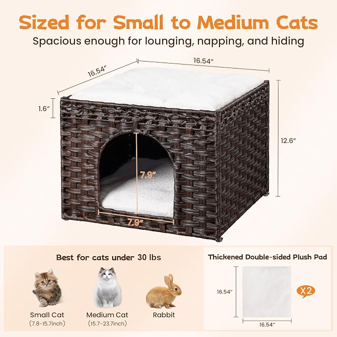 Snughome Handwoven Rattan Cat House - Indoor Foldable Cat Bed Cave with 2 Removable Bed Mats, Large Kitten House, Hideaway Pet Cube, 16.54 x 16.54 x 12.6 Inches, Brown, for Living Room & Bedroom