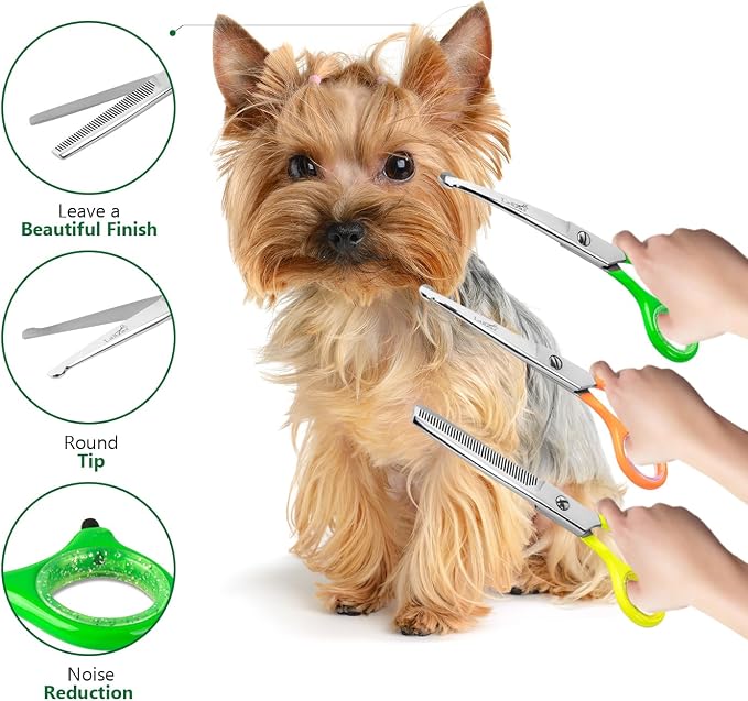 Laazar Dog Grooming Scissors Kit, Pet Grooming Scissors Set – Straight, Curved & Thinning Shears | Grooming Scissors for Dogs at Home | Safety Round Tips, Colorful Handles