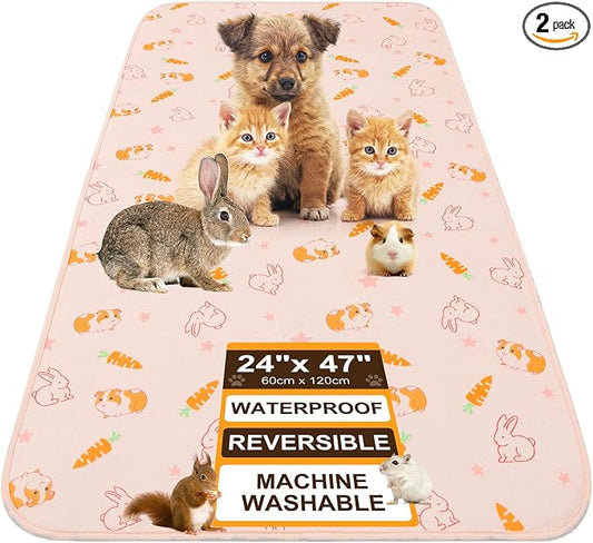 BEAUTYZOO 2 Pack Guinea Pig Cage Liners, Washable Reversible Fleece Guinea Pig Bedding, Waterproof Super Absorbent Pee Pads for Small Animals Rabbit - 24" x 47" Pink