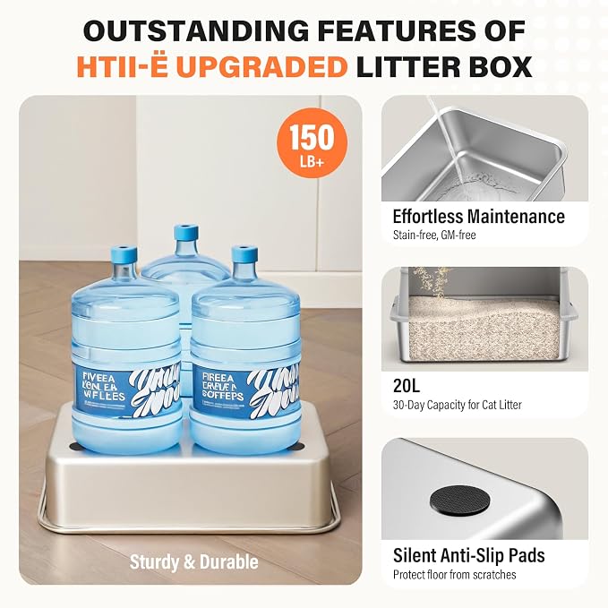 Removable Stainless Steel Cat Litter Box with lid, Side & Top Entry Kitty LitterBox，Cat Litter Box Enclosure, XL Extra Large High-Sided Metal Cat Box with Scoop, Footboard（Grey）