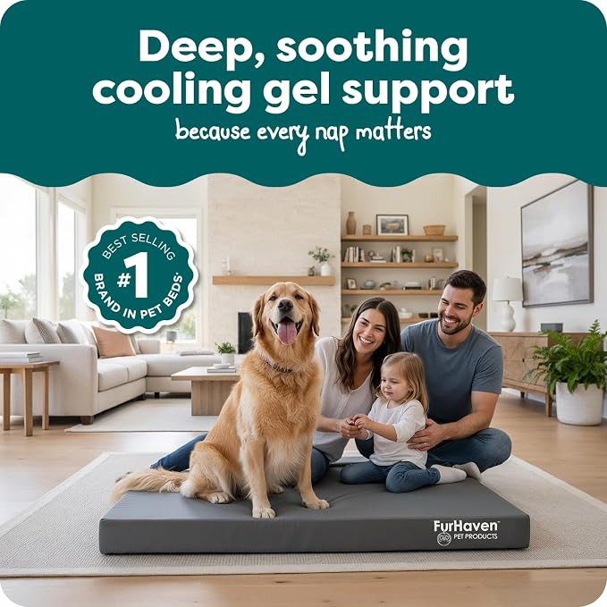 FurHaven Water-Resistant Orthopedic Dog Bed for Large Dogs, Oxford Polycanvas Mattress with Orthopedic Solid Slab Foam for Joint Support, Removable Washable Cover, Jumbo XL, Stone Gray