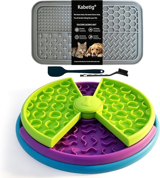 3-Level Slow Feeder Dog Bowl, Rotating Maze + Calming Lick Mat | 2-in-1: slow feeder slows 10x, reduces boredom; calming lick mat sticks to wall for alone/travel. With spatula/brush,BPA-free