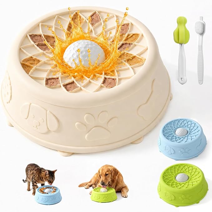 Dog Slow Feeder Lick Bowl with Rolling Ball for Liquid Treats, 2-in-1 Anti-Slip Silicone Dog Licking Bowl for Bone Broth with Suction Cup, Enrichment Lick Sphere Toy for Large Medium Dogs Cats (Beige)