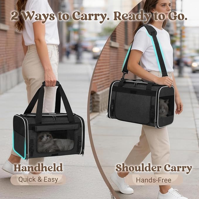 rabbitgoo Cat Carrier Soft, Pet Bag with Rollable Flap for Anxious Kittens, Travel Safe for Car Airline, Collapsible Portable Carrying for Medium to Large Cats, Black, 19" L x 12" W x 12" H