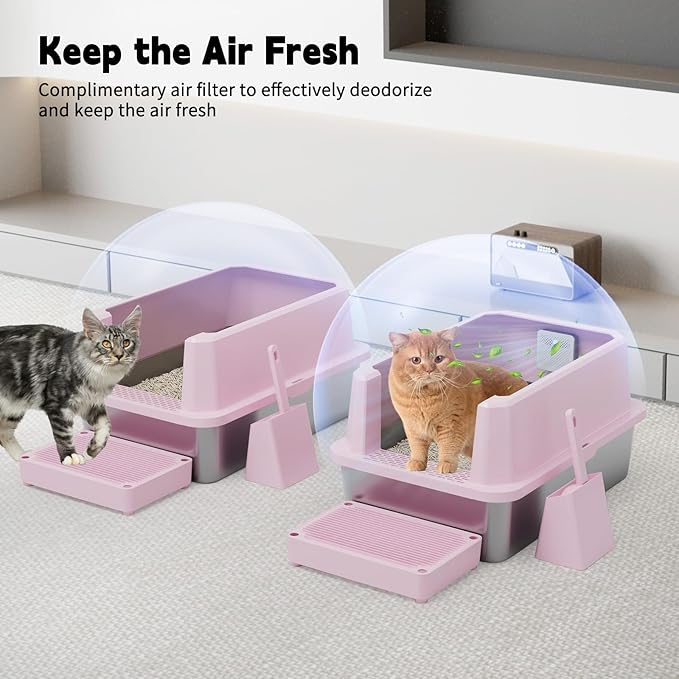 RIZZARI 2-Pack Open-Top Stainless Steel Cat Litter Boxes - Large Pink, Non-Stick & Odor Resistant, Easy-Clean Trays with High Sides, for Indoor Use, Apartments & Multi-Cat Homes