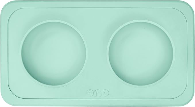 Ono Good Bowl Food & Water Double Feeder - Small to Medium Pets No Spill Non Skid Silicone Mat & Stainless Steel Bowls for Dogs or Cats (Mint)