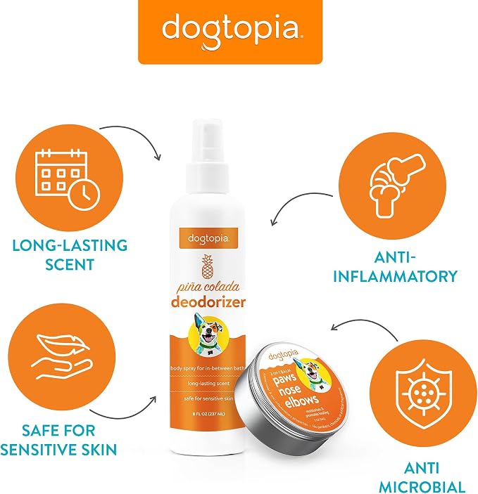 Dogtopia 3-in-1 Paw Balm & Deodorizer Spray - Between Baths Bundle for Pets | Moisturizing Balm for Cracked Skin (2oz) & Long-Lasting Piña Colada Odor Eliminator (8oz) for Dogs & Cats
