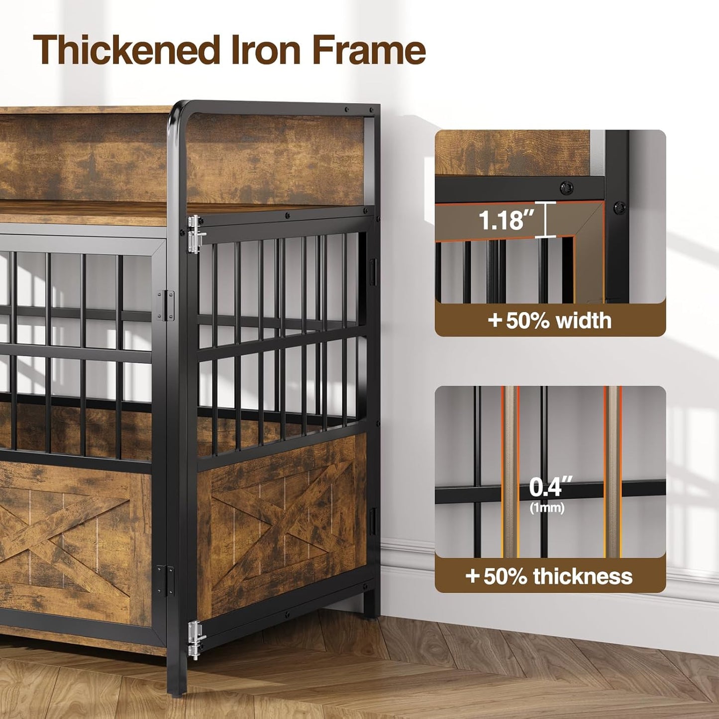 45.3" Dog Crate Furniture for Large Breed, Heavy Duty XL Dog Kennel Indoor with Storage Shelf, Farmhouse Wooden Pet Crate, Chew-Resistant, Brown (45.3" W x 23" D x 39.4" H)