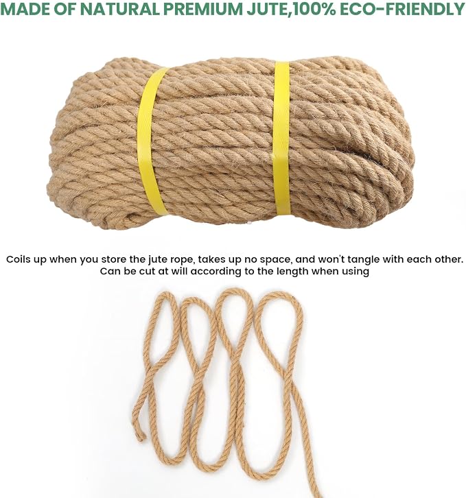 Jute Rope 3/8in100ft Natural Material Heavy Duty Jute Rope Twisted for Indoor Outdoor Crafts, Nautical, Tug of War, Railing, Hammock, Swing, Gardening