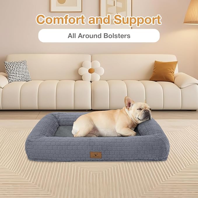 Plush Orthopedic Dog Bed for Medium Large Dogs, Memory Foam Bolster Sofa Bed with Removable Washable Cover, Waterproof Lining & Non-Slip Bottom (Grey-L)