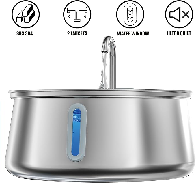 Homtyler Stainless Steel Cat Water Fountain,Pet Water Fountain 4L/135oz Large Capacity,Dog Water Dispenser with Water Level Window, Multiple Filtration, Quiet Automatic Pet Fountain Easy Clean,1Faucet