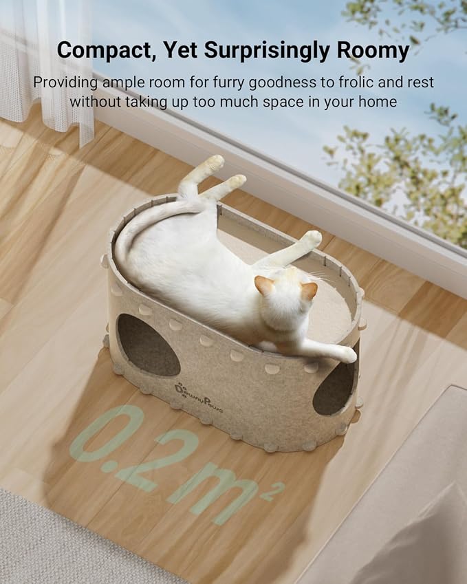 DownyPaws Cat House for Indoor Cats, Cat Bed Cave for Multiple & Large Cats Up to 22 Lbs, Scratch Resistant Peekaboo Cat Caves, Foldable Cat Tunnel Enclosed Bed, PeekaPurr, Cream and Forest