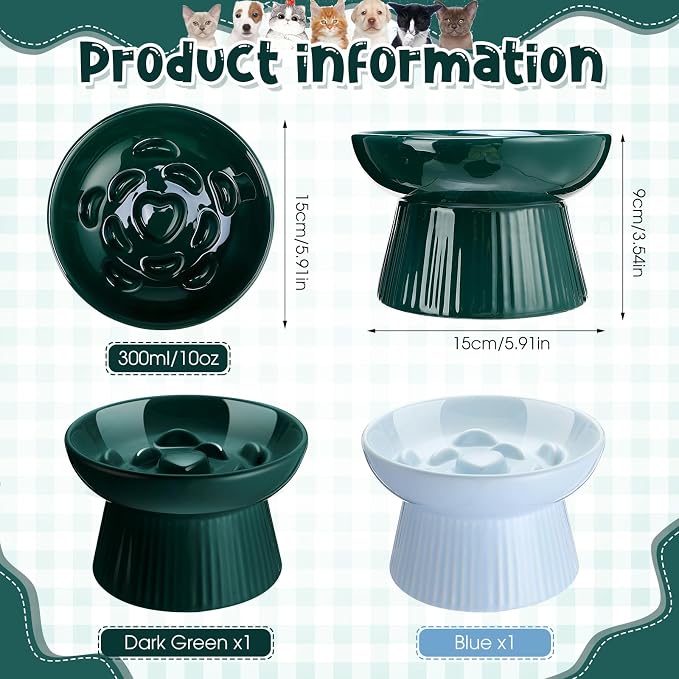 Tioncy 2 Pcs Raised Cat Slow Feeder Bowl Ceramic Elevated Cat Dog Food Bowl No Spill High Edge for Dry Wet Food and Water Easy to Clean, Dishwasher Safe (Dark Green,Blue)
