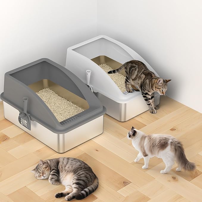 AIPERRO 2 Pack Stainless Steel Litter Box | XL Enclosed Cat Litter Boxes with Lid for Big Cats and Multi-Cats | High Sided, Anti-Urine Leakage | Non-Stick Bottom（Multi-Colored）