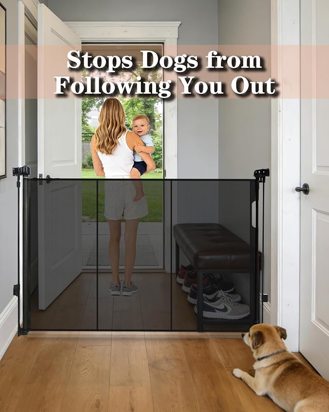 55" Wide Retractable Baby Gate for Stairs, 42" Extra Tall Retractable Dog Pet Gate with Support Rods, Mesh Screen Child Safety Gate for Doorways Hallways Deck Porch, Outdoor Indoor Use
