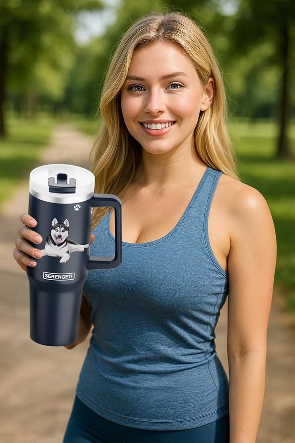 SERENGETI 40 Oz Ultimate Tumbler with Handle and Straw - Vacuum Insulated Tumbler with Straw and Lid - Stainless Steel Travel Mug for Pet Lovers - 3D Designs of your favorite Dog (Siberian Husky)