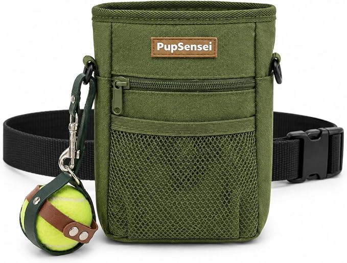 Hands Free Dog Walking Kit - Army Green Magnetic Treat Pouch and Tennis Ball Holder Bundle