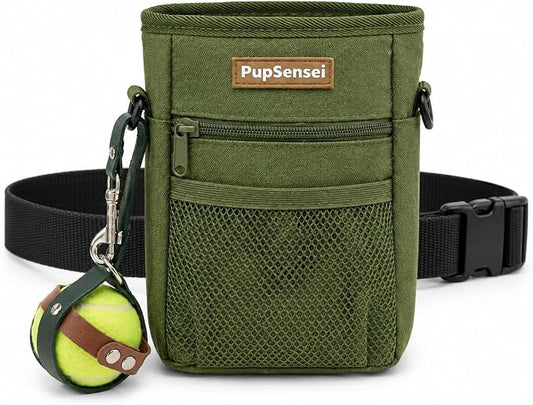 Hands Free Dog Walking Kit - Army Green Magnetic Treat Pouch and Tennis Ball Holder Bundle
