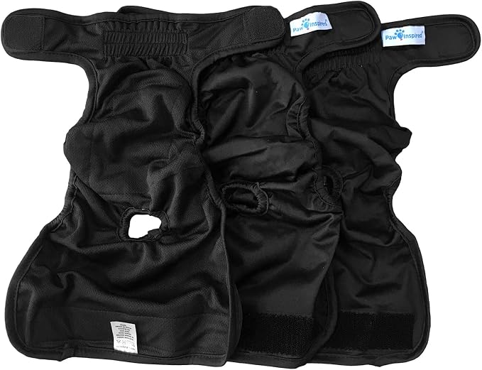 Paw Inspired Washable Dog Diapers (3 Pack) | Reusable Cloth Doggy Diapers for Female Small, Medium, Large Size Dogs (Black with Black Lining, Size Small)