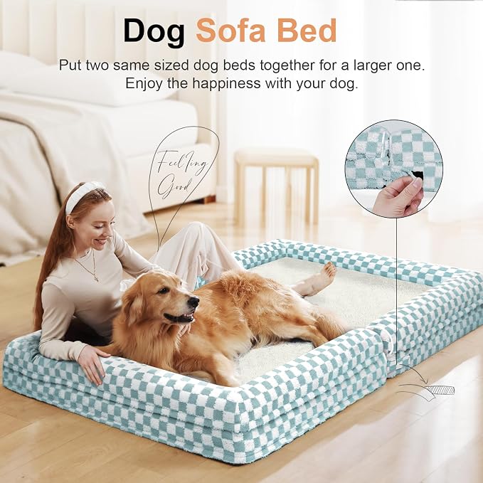 Large Dog Bed Orthopedic Washable: Beds Bolster XL Bed Medium Large Dogs Egg Crate Foam Couch Sofa Waterproof with Removable Cover - Green Grid