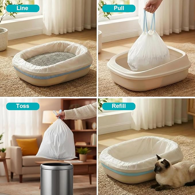 48 Pack Super Jumbo Cat Litter Bags - 3MIL Extra Thick Leakproof Litter Box Liners, 46"x18" Heavy Duty Drawstring Cat Litter Liners, Odor Control Disposable Kitty Litter Bags 6 Roll