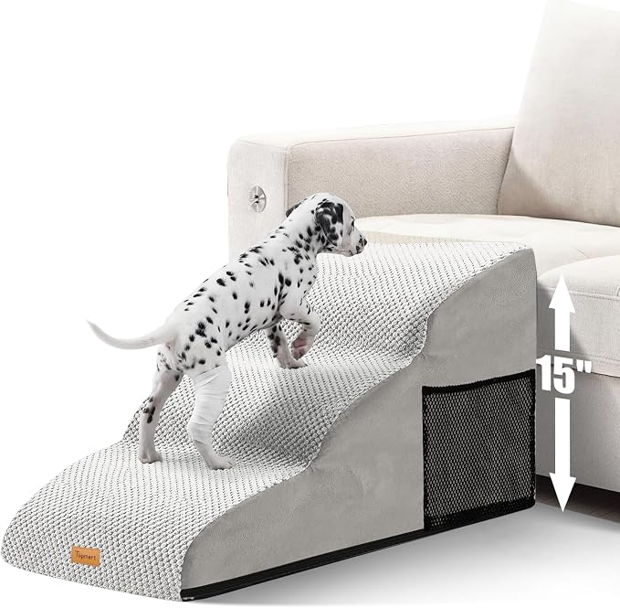 Topmart High Density Extended Foam Dog Ramp&Steps 3 Tiers,15.7" High,Non-Slip Dog Stairs with Removable Cover,Soft Foam Pet Ladder,Best for Injured,Older Cats,Pets with Joint Pain