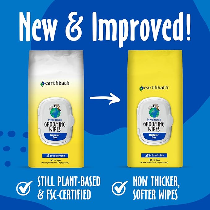 earthbath, Hypo-Allergenic Grooming Wipes - Fragrance Free Dog Wipes for Paws and Butt, Best Pet Wipes for Dogs with Sensitive Skin, Made in USA, Cruelty-Free Dog Cleaning Wipes - 100 Count (6 Pack)