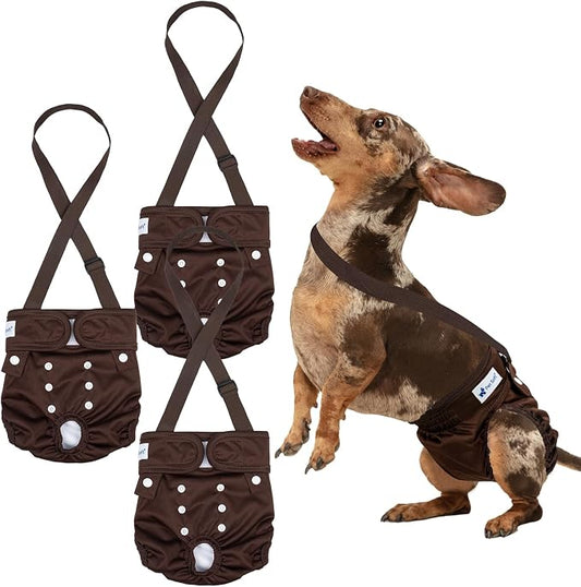 Pet Soft Dog Diapers Female with Suspenders, 3 Pack Reusable Female Dog Diapers for Heat, Dog Period Panties for Doggie in Cycle(Small, Bear Brown)